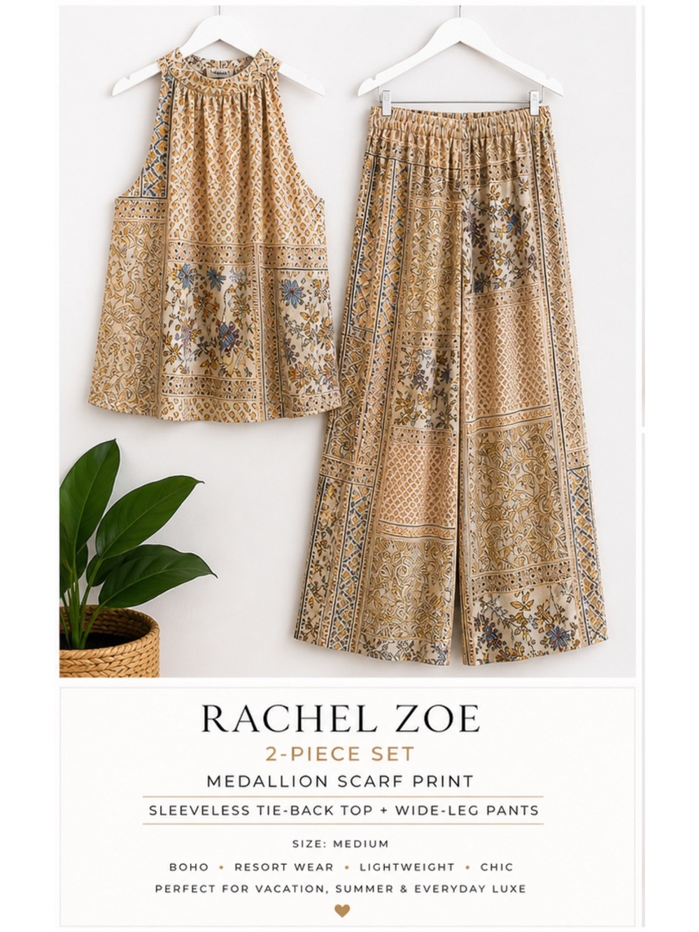 Rachel Zoe Cream and Mustard Floral Scarf-Print Two-Piece